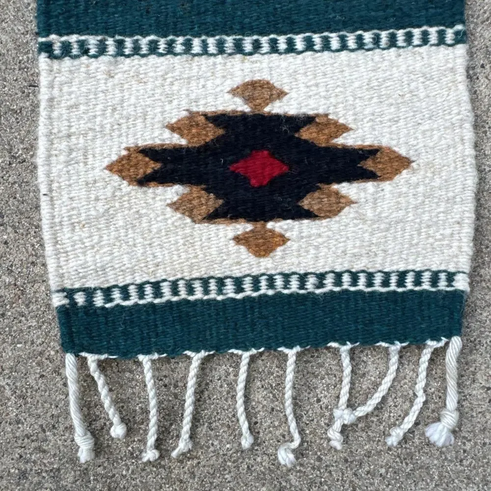 Wool Tribal Southwest Aztec Table Runner Vibrant Colors Fringe Handmade